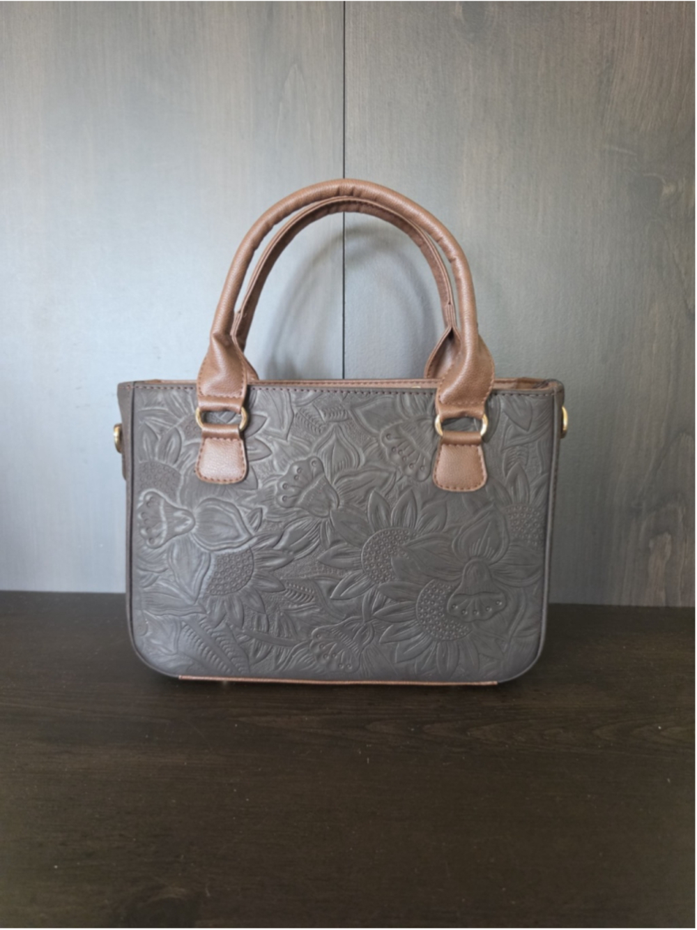 Dark Brown Tasseled Floral Embossed Tooled Artisan LEATHER Crossbody Purse Bag - Picture 6 of 16